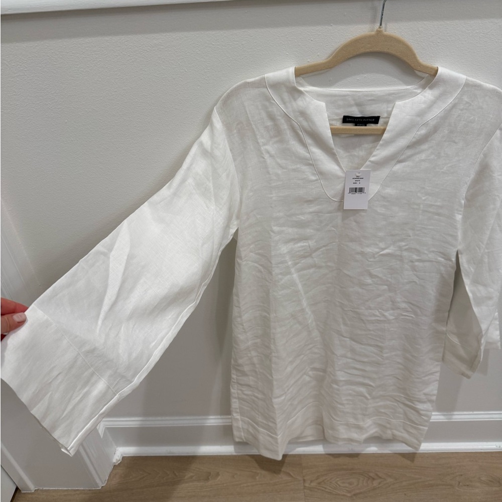 LINEN SAKS FIFTH AVENUE White V-Neck Tunic Dress - Picture 11 of 12